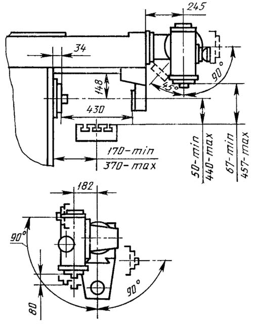 6Д81Ш Габаритные розміри робочого простору широкоуніверсального консольно-фрезерного верстата